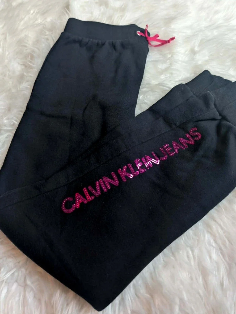 Calvin Klein Jeans Black Sweatpants Pink Rhinestone Logo Joggers Girls Sz 16